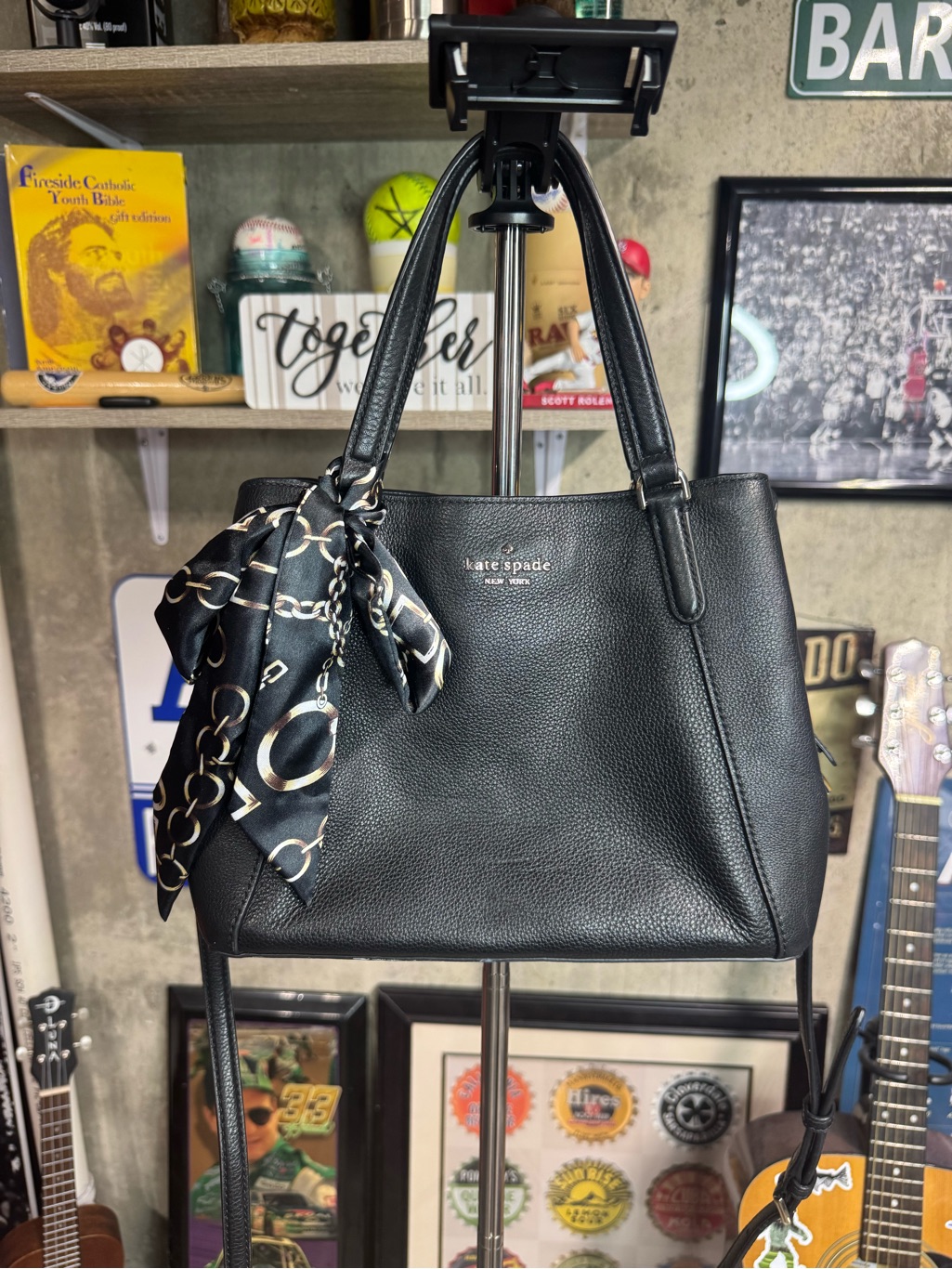 Kate Spade Black Pebbled Leather Tote With Chain-Print Scarf Accent